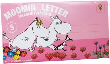 A pink Nordqvist Moomin Letter envelope with two Moomin characters and a bird in a floral field—an ideal Nordqvist gift for fans who enjoy whimsical tea flavors and cute stationery.