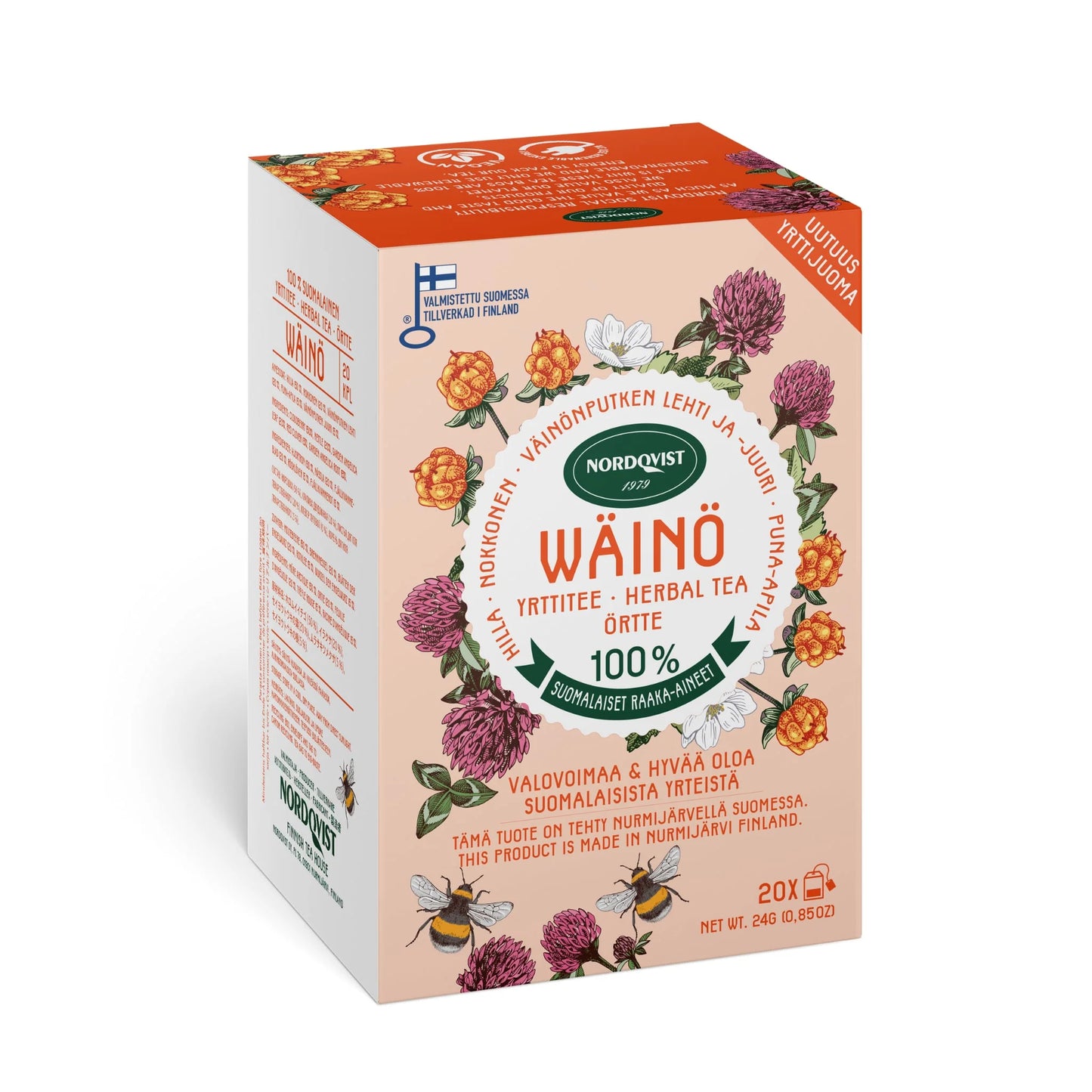 Nordqvist WÄINÖ Pure Herbal Tea by Nordqvist features 20 tea bags made from 100% pure Finnish herbs like clover flowers and leaves. Packaging includes both Finnish and English text.