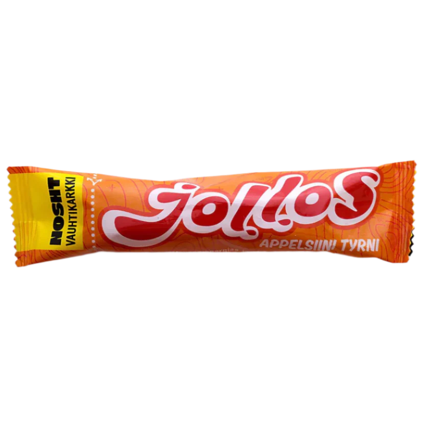 An orange-wrapped Nosht Jollos Energy Chews bar displays bold white and pink text, with “Appelsiini Tyrni” and “Vahtikarkki”—ideal for endurance sports or as a flavorful energy boost.
