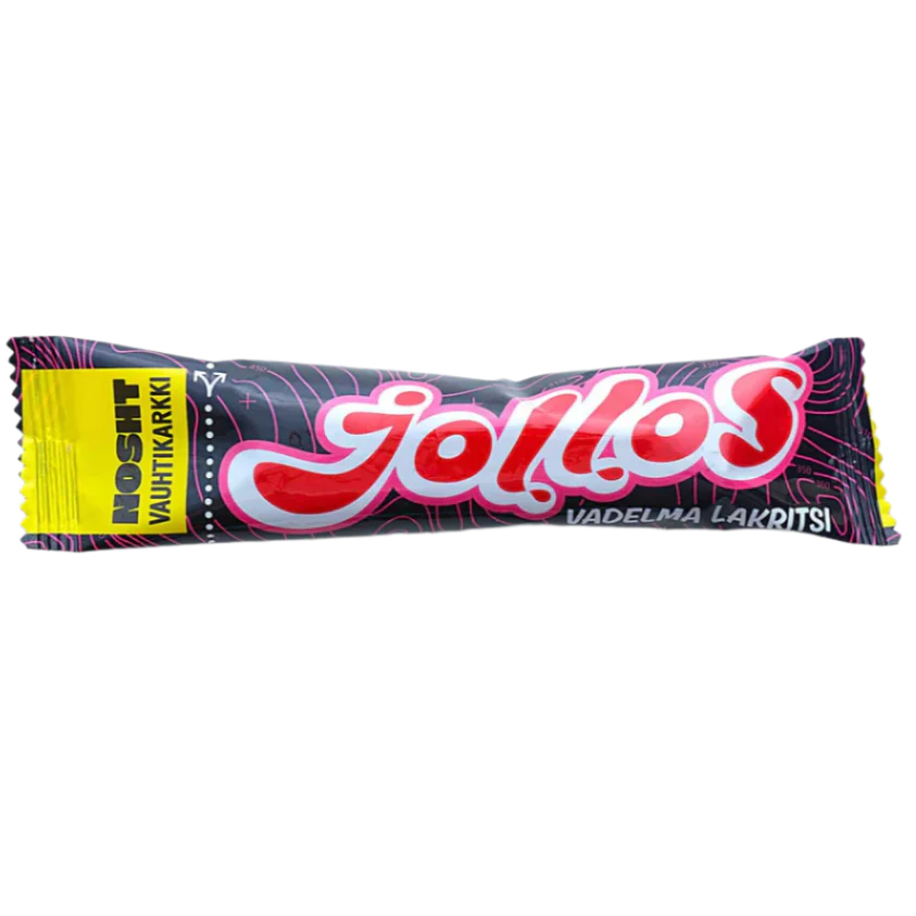 A black and pink Nosht Jollos Energy Chews Raspberry & Liquorice wrapper features bold red and white “Jollos” text, yellow ends, and Finnish details—delicious vegan chews for a quick energy boost in endurance sports.