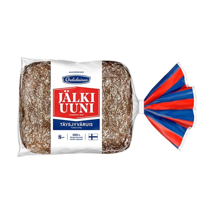 A loaf of Fazer Oululainen Jälkiuuni Whole Grain Rye bread in clear packaging with a red, blue, and white label and a matching twist-tied end, displayed on a white background.