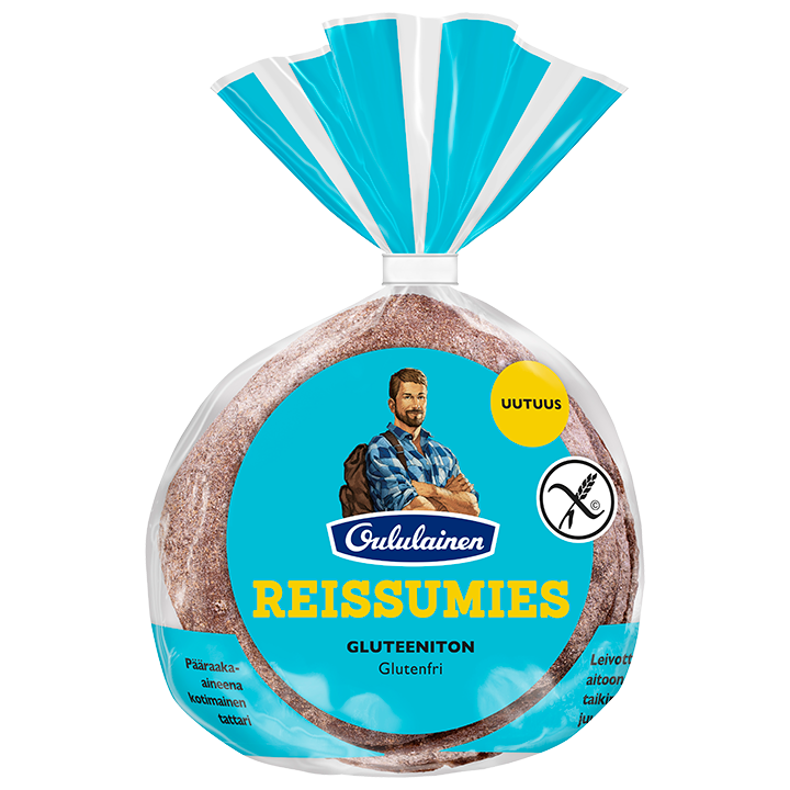 A package of Oululainen Reissumies Gluten-Free by Oululainen shows a smiling man with a backpack on the blue label, along with gluten-free symbols and product information in Finnish.