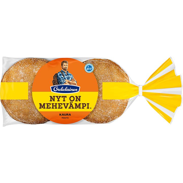 A package of Fazer Oululainen Reissumies Oat bread with three round loaves visible through clear wrap and a yellow label featuring Finnish text and a smiling man. This high-fibre bread is both tasty and wholesome.