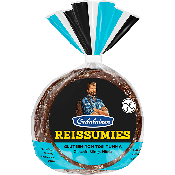 A package of Oululainen Reissumies Gluten-Free Really Dark bread from Oululainen, with an illustrated man carrying a backpack on the label and a blue, black, and white color scheme.