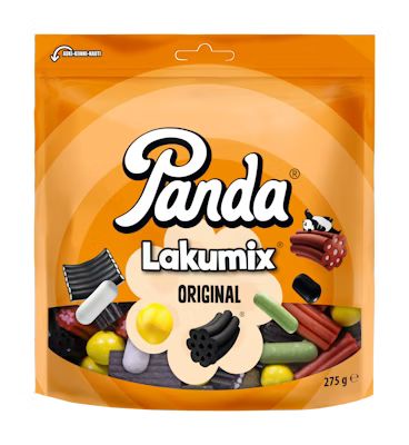 A 275g bag of Panda Licorice Mix Original by Panda, with an orange background and assorted licorice images—ideal for anyone who loves authentic Finnish licorice.