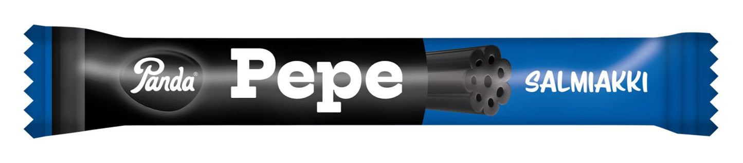 The Panda Pepe Liquorice Bar Salmiak by Panda comes in a blue and black wrapper with an image of black licorice pieces, celebrating classic Nordic flavors and the bold taste of salmiak liquorice.