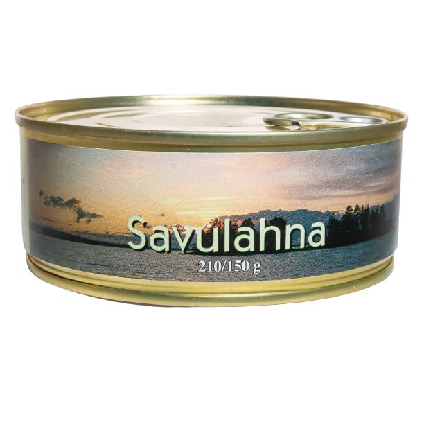 A round tin labeled Pielisen Kala Smoked Bream (210/150g), featuring a lake sunset image. This canned fish from Pielisen Kala is smoked bream, alder-smoked and sealed with a metal pull-tab lid.