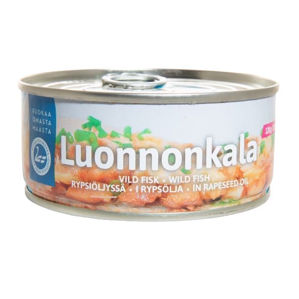 A can of Pielisen Kala Wild Fish In Rapeseed Oil by Pielisen Kala, with Finnish and English text on the label and an image of fish and green herbs on the front—a tasty alternative to canned fish or tuna.