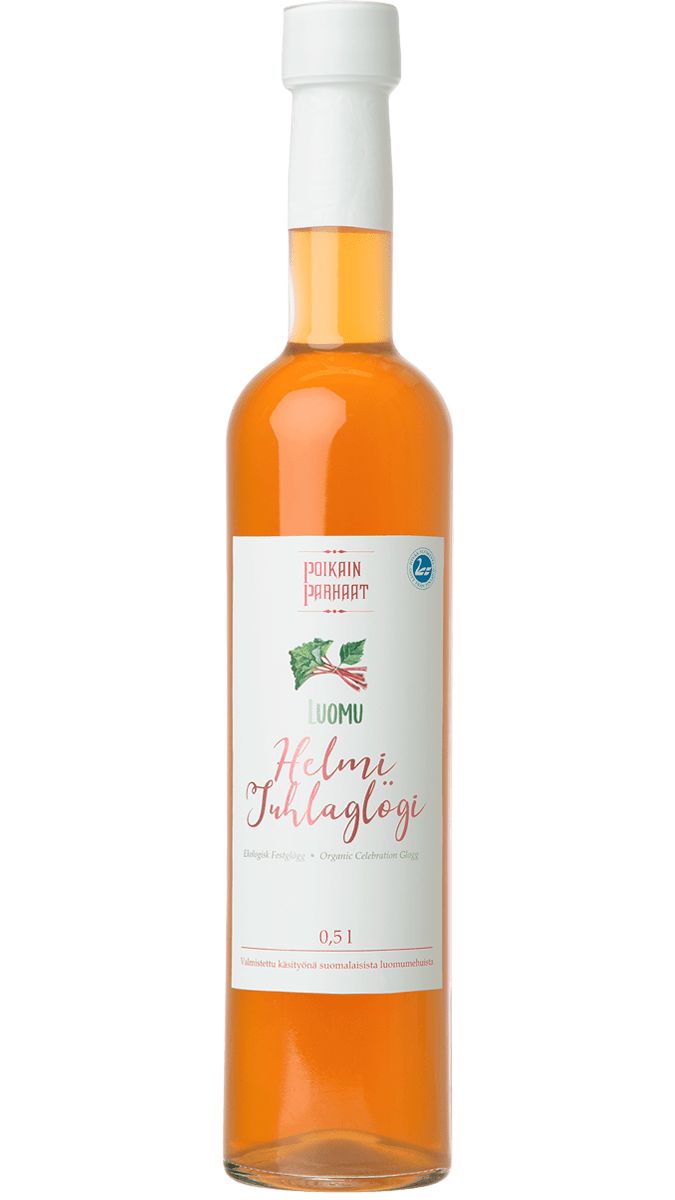 A tall, clear 0.5L glass bottle with a white cap holds orange liquid. The label reads Poikain Parhaat Organic Helmi Celebration Glogg and features decorative green leaves. This is an organic Finnish glogg from Poikain Parhaat.