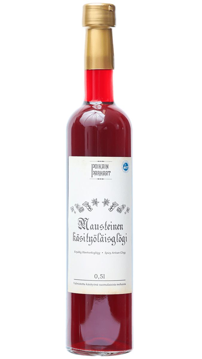 Eine Klarglasflasche mit goldenem Verschluss und roter Folie enthält Poikain Parhaat Spicy Artisan Glogg, ein traditionelles finnisches Gewürzgetränk aus schwarzem Johannisbeersaft (0,5 l) von Poikain Parhaat, mit finnischem Text und Kräuterillustrationen auf dem weißen Etikett.