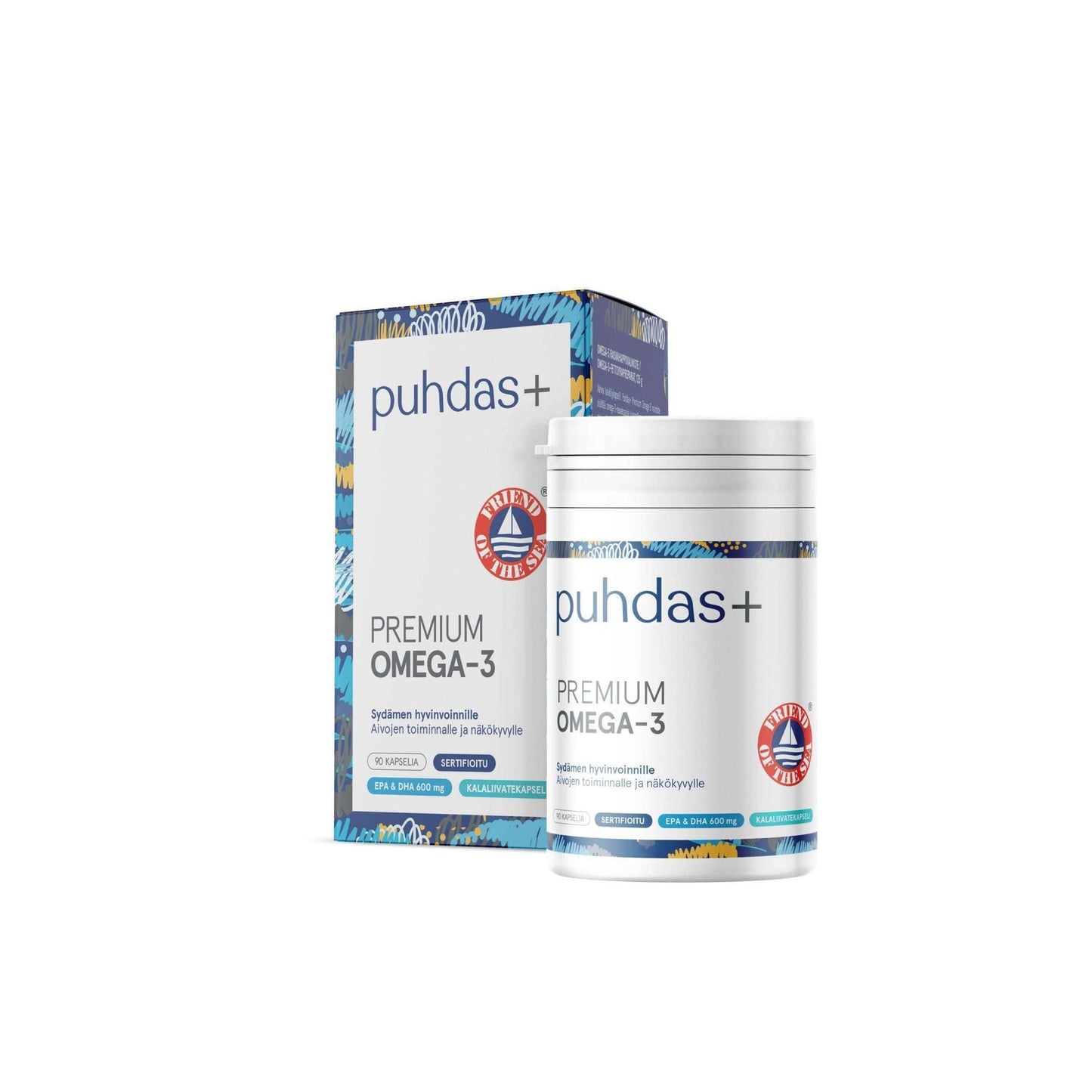 A container and box of Puhdas+ Premium Omega-3 capsules, rich in EPA and DHA, with blue, white, and gold designs. Both feature the Puhdas+ brand name, product name, and a seal displaying a red fish symbol.