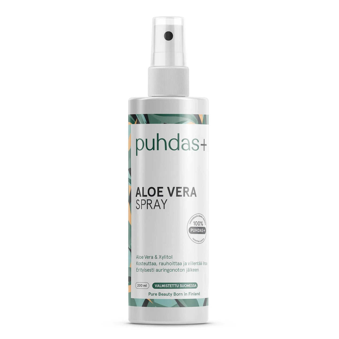 A bottle of puhdas+ Aloe Vera Spray on a clean white background. The bottle is white with a clear spray top and features a label with green and beige botanical patterns.