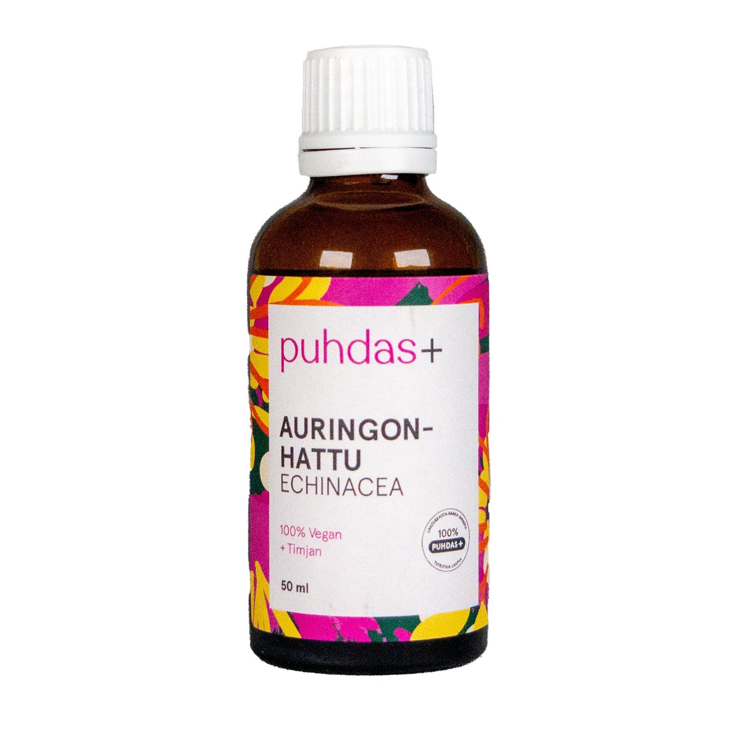 A 50 ml amber glass bottle of puhdas+ Auringon-Hattu Echinacea with a white cap and a colorful label, isolated on a white background.