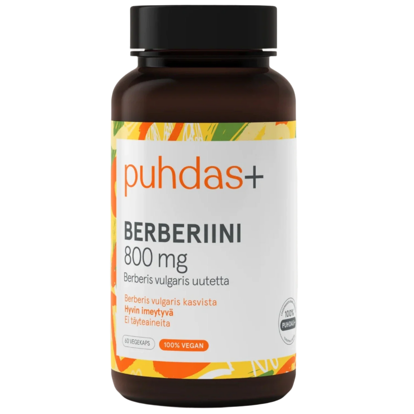 A brown bottle of Puhdas+ Berberine 800 mg features yellow, orange, and green accents. The vegan capsules contain Berberine from Berberis vulgaris extract and are additive-free.