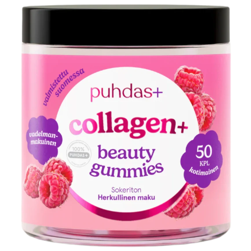 A jar of Puhdas+ Collagen+ Beauty Gummies, featuring a pink label with raspberry illustrations and a black lid, set against a plain white background.