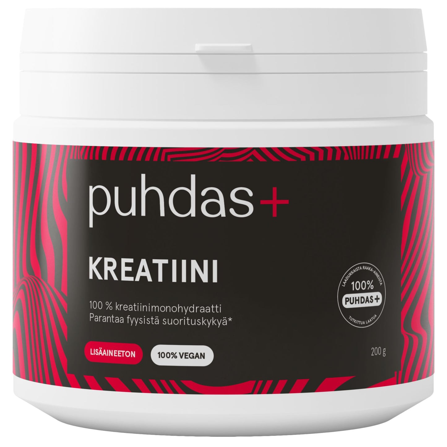A white plastic tub of Puhdas+ Creatine (Kreatiini) supplement powder with a black and red label, shown on a clean white background.