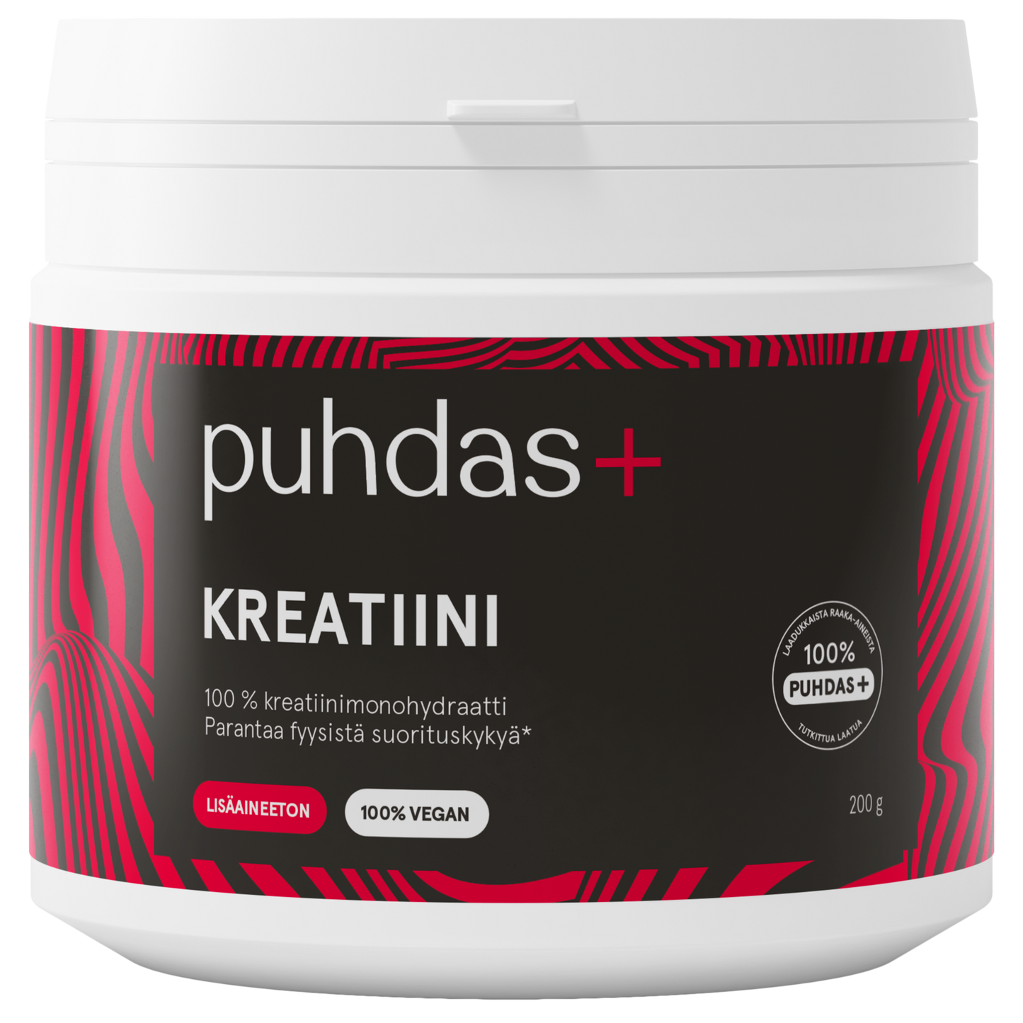A white plastic tub of Puhdas+ Creatine (Kreatiini) supplement powder with a black and red label, shown on a clean white background.