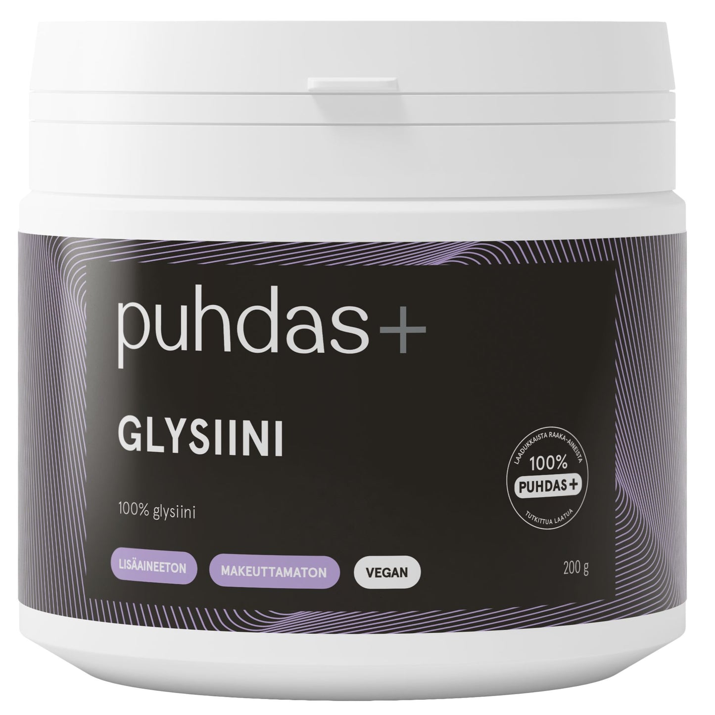 A white plastic tub of Puhdas+ Glysini dietary supplement powder with a black label featuring purple accents and white text.