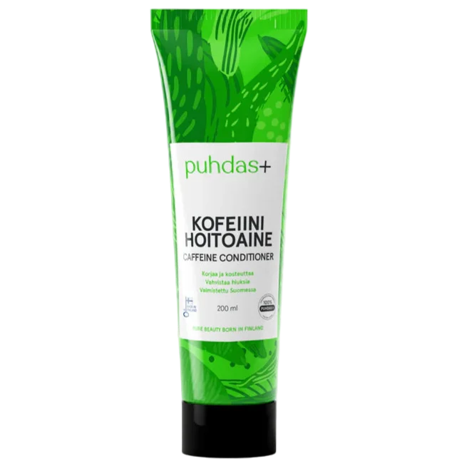 A 200 ml squeeze tube of puhdas+ Caffeine Conditioner, featuring a vibrant green and white design with a black cap, set against a plain white background.