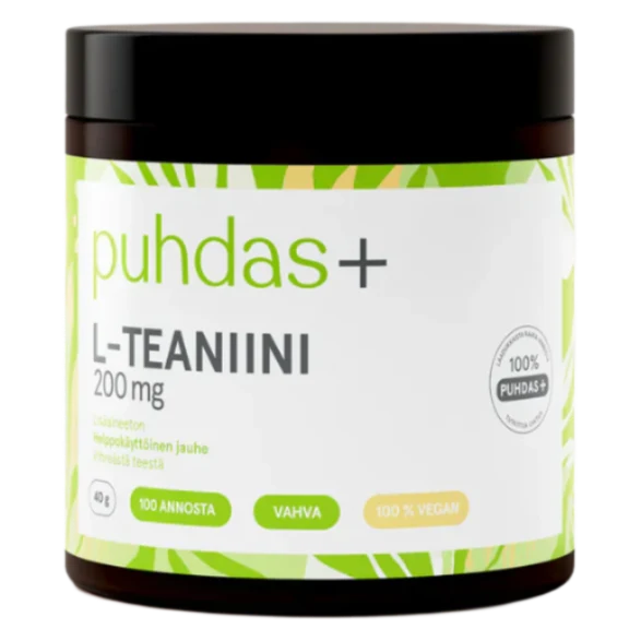 A jar of Puhdas+ L-Teaniini 200 mg supplement powder. The product is in a dark brown jar with a black lid and a white label featuring green and black text, set against a plain white background.
