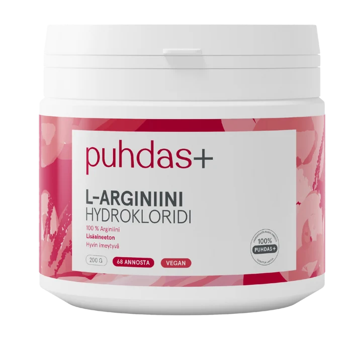 A white plastic tub of puhdas+ L-Arginiini Hydrokloridi dietary supplement powder, featuring a white label with pink floral accents and red text.
