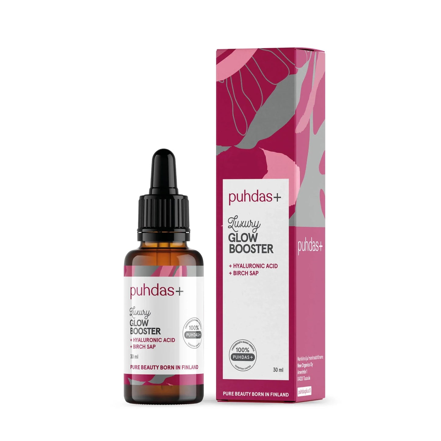 A 30 ml amber glass dropper bottle of puhdas+ Beauty Glow Booster next to its magenta and white packaging box, set against a plain white background.
