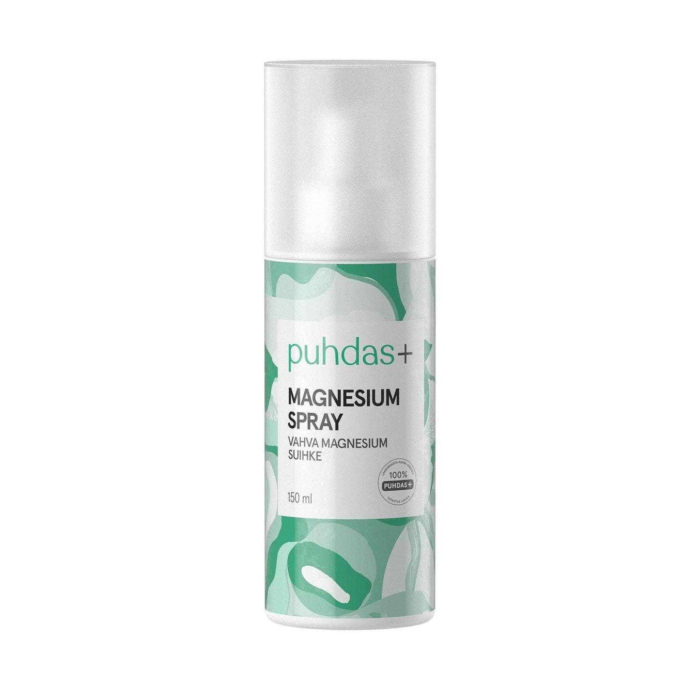 Puhdas+ Magnesium Spray, 150 ml, features a white cap and an abstract green, white, and light blue label. This 100% vegan spray from Puhdas+ helps prevent muscle cramps.