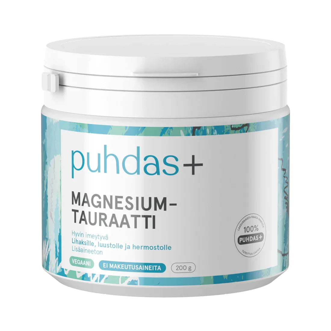 A white plastic tub of puhdas+ Magnesium-Tauraahti supplement with a white lid, featuring a white label with blue and black text and light blue abstract patterns.