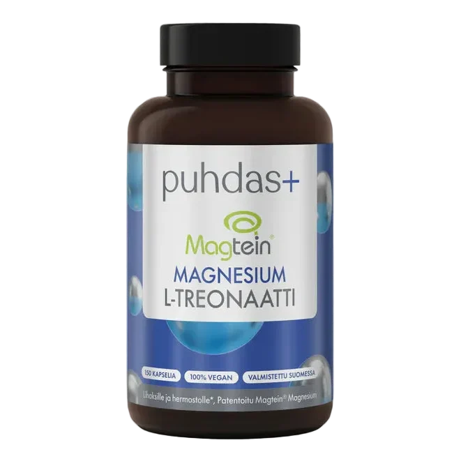 A dark brown supplement bottle of Magtein Magnesium L-Treonate with a black cap and a blue and white label, shown on a plain white background.
