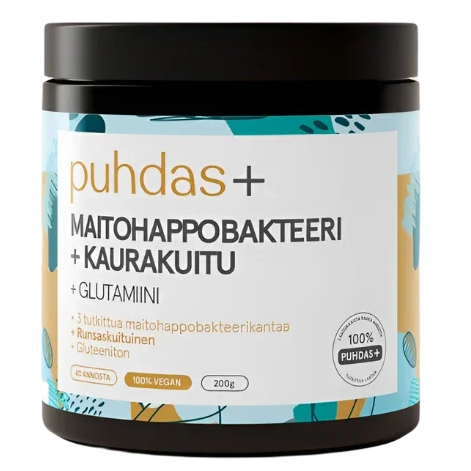 A black plastic jar of Puhdas+ dietary supplement with a white label featuring teal and gold accents, set against a plain white background.
