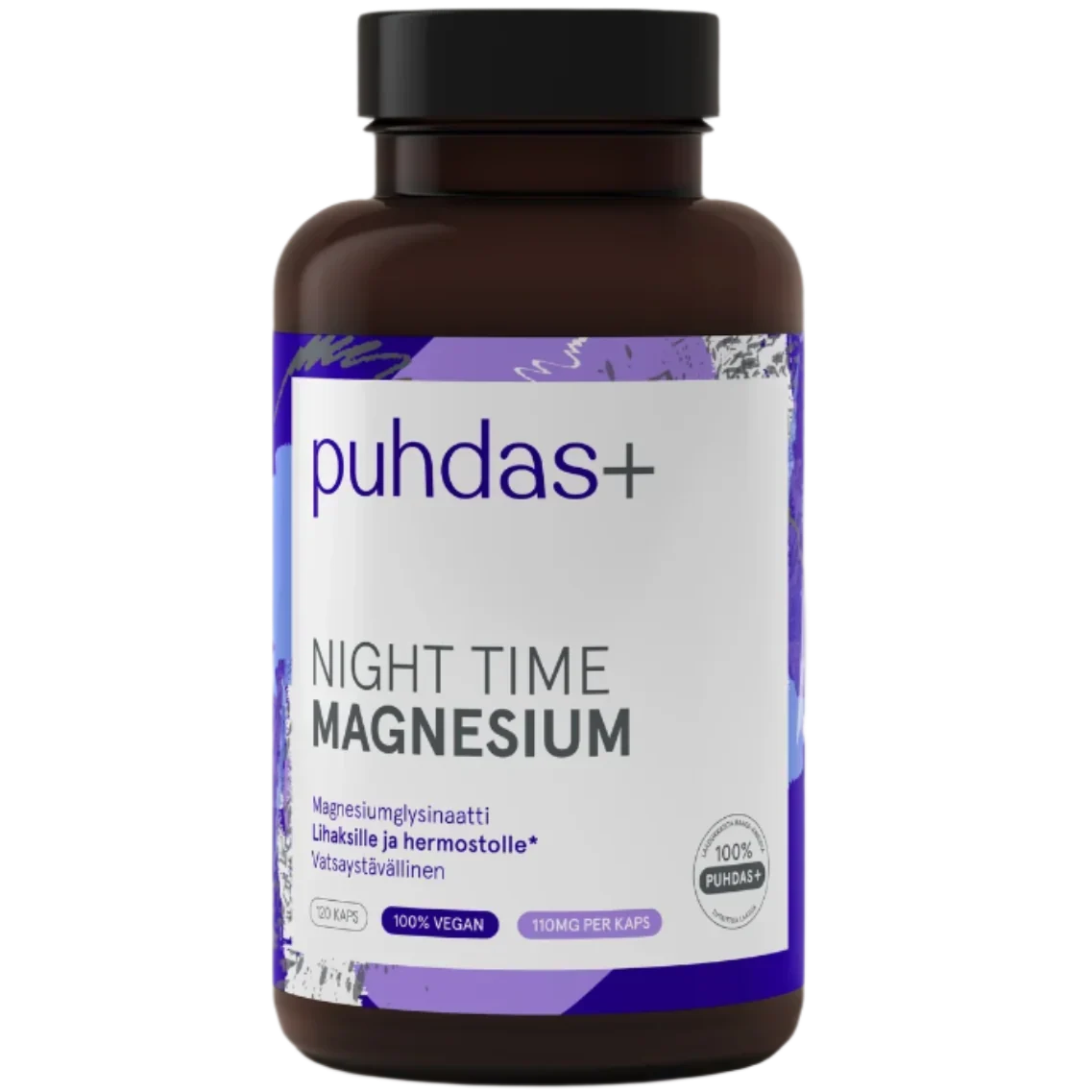 A brown plastic bottle of Puhdas+ Night Time Magnesium supplement with a black cap and a white and purple label, shown on a plain white background.