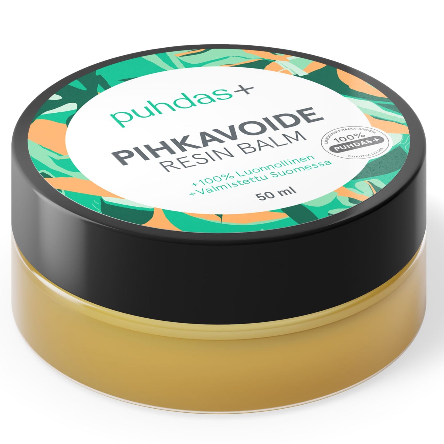A 50 ml jar of puhdas+ Pihkavoide Resin Balm, featuring a black lid with a colorful tropical leaf pattern and a white label, containing a golden yellow balm.