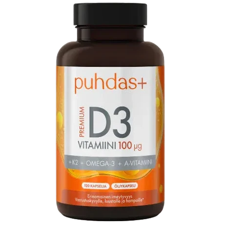 A brown plastic bottle of puhdas+ Premium D3 Vitamiini 100 mikrog with a black cap and an orange and white label, isolated on a white background.