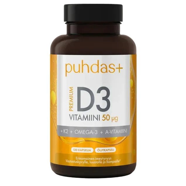 A brown plastic bottle of puhdas+ Premium D3 Vitamiini 50 üg dietary supplement with a black cap and a white, orange, and gray label, shown on a plain white background.