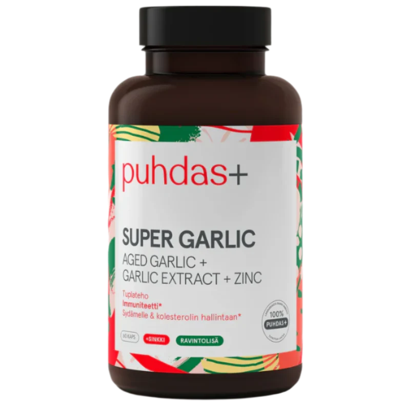 A dark brown bottle of puhdas+ Super Garlic supplement with a black cap and a white label featuring red, green, and orange accents.