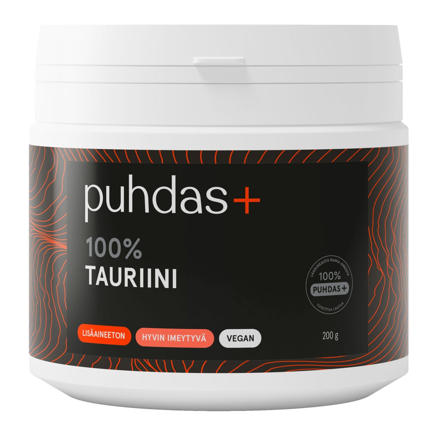 A white plastic tub of puhdas+ 100% Tauriini vegan supplement powder with a black and orange label, shown on a plain white background.