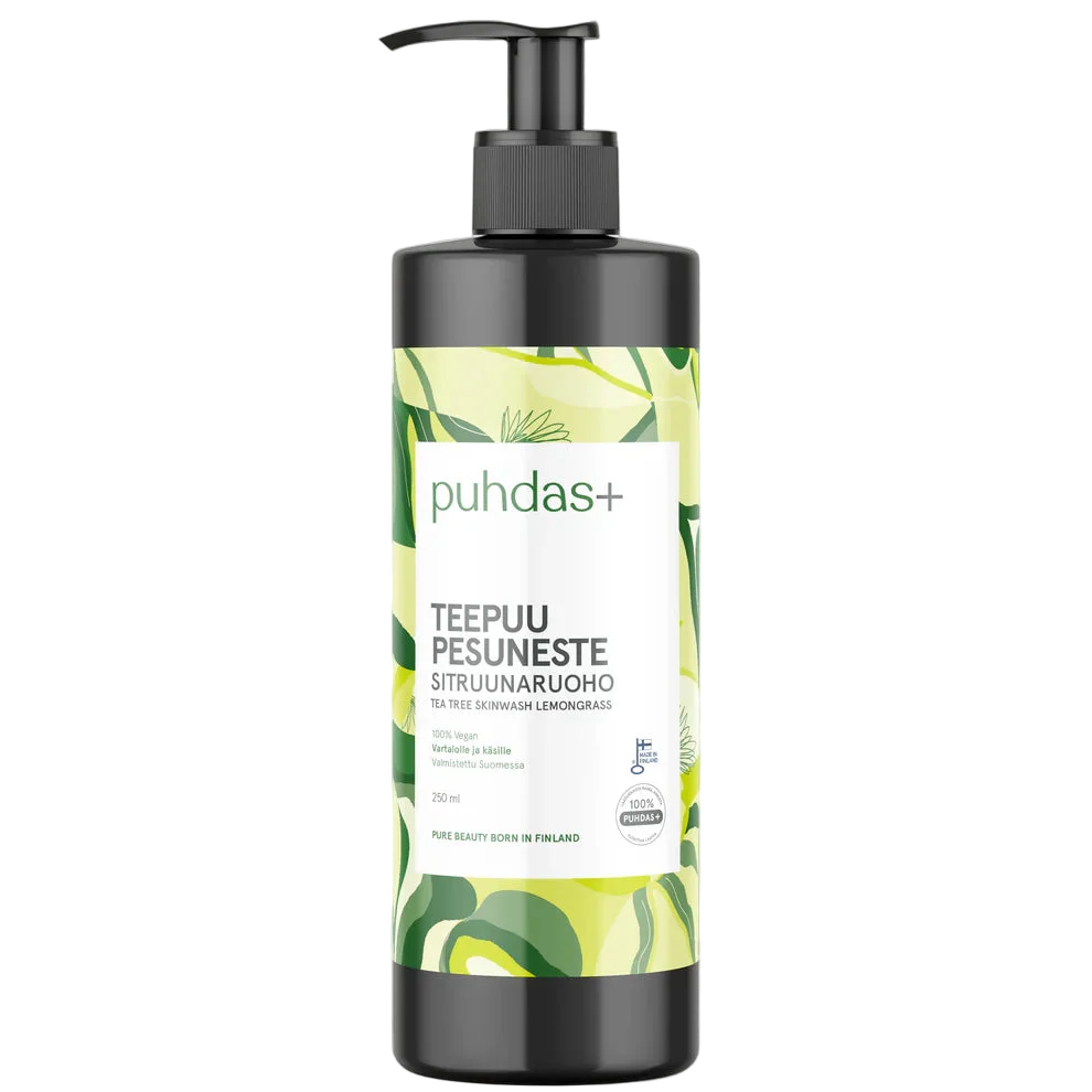 Puhdas+ Tea Tree Wash, Lemongrass 250 ml, tea tree oil cleansing wash, vegan pump bottle