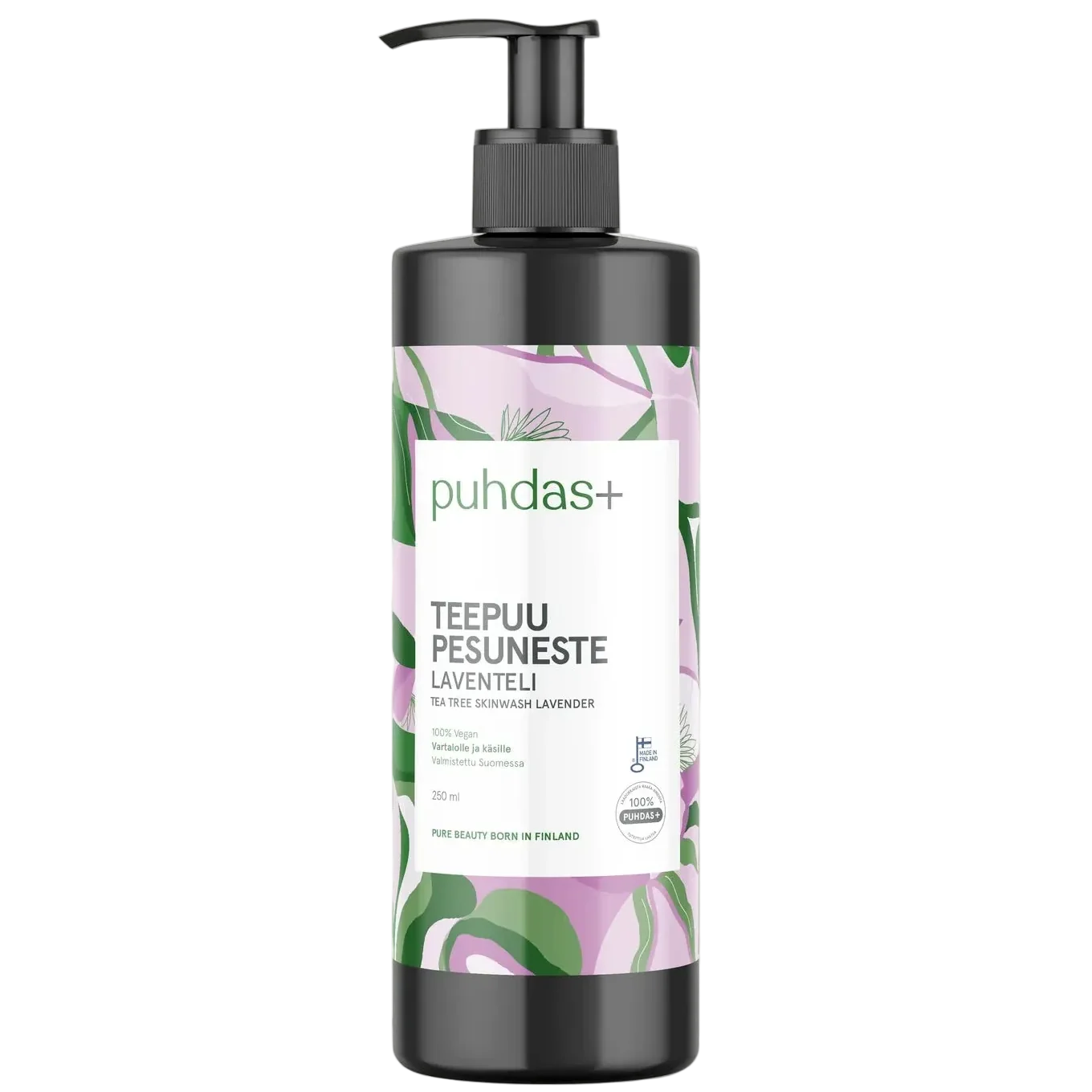 Puhdas+ Tea Tree Wash, Lavender 250 ml, tea tree oil cleansing wash, vegan pump bottle
