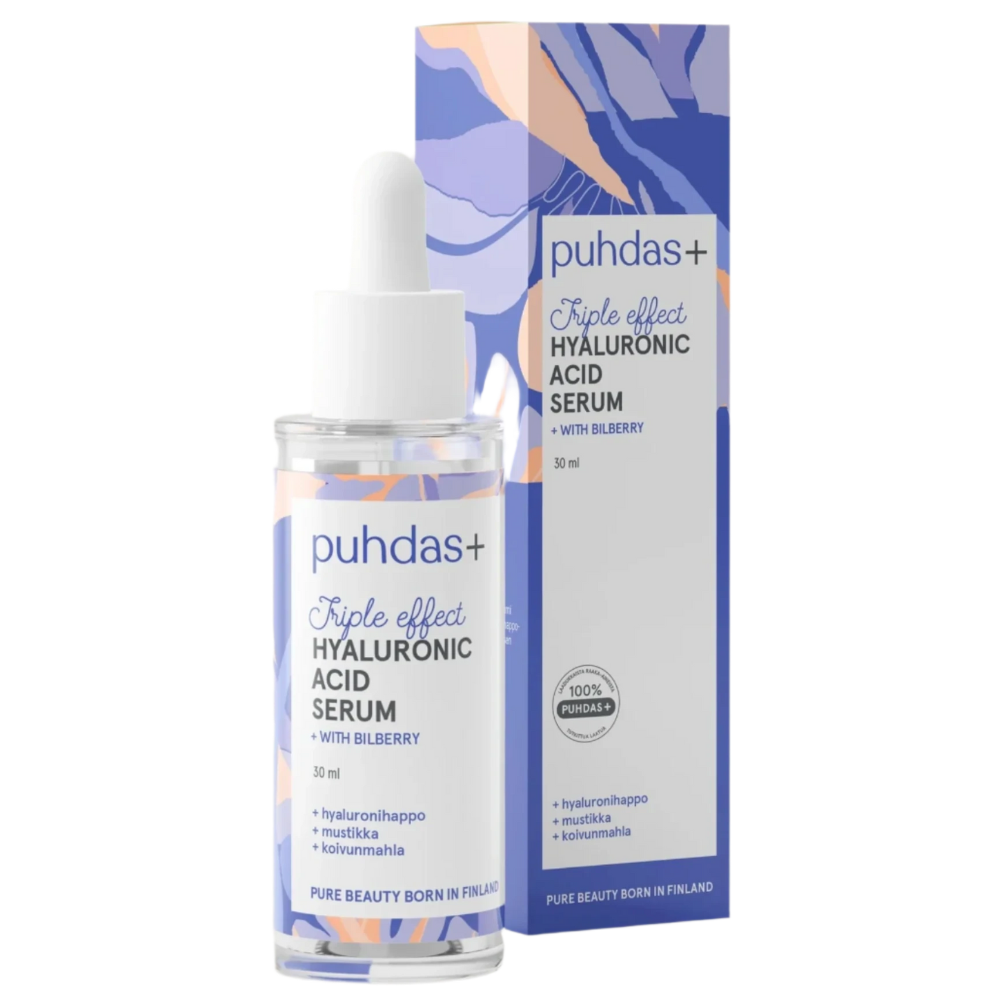 A clear dropper bottle labeled Puhdas+ Triple-Effect Hyaluronic Acid Serum & Bilberry stands before its vibrant purple and orange box, which features modern abstract designs and product information.