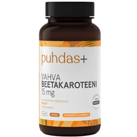 A brown plastic bottle of Puhdas+ Beetakaroteen 15 mg dietary supplement with a black cap and a white label featuring orange accents.