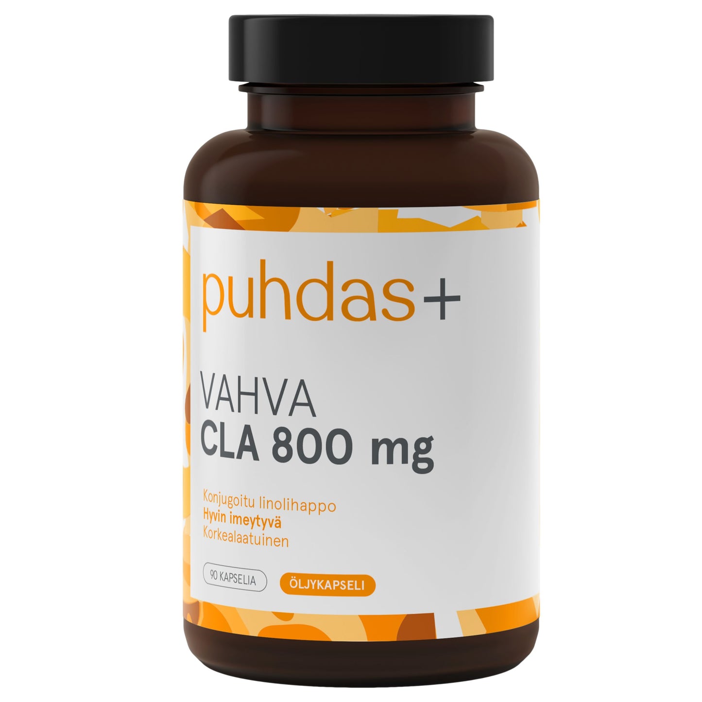 A brown plastic supplement bottle with a black cap and a white label featuring orange and gray text. The label reads 'puhdas+' and 'VAHVA CLA 800 mg'.