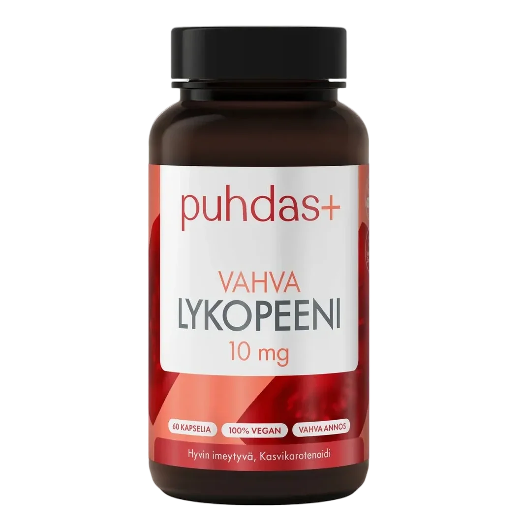 A bottle of Puhdas+ Vyha Lykopeeni 10 mg dietary supplement, featuring a dark amber brown bottle with a black cap and a white and red label.