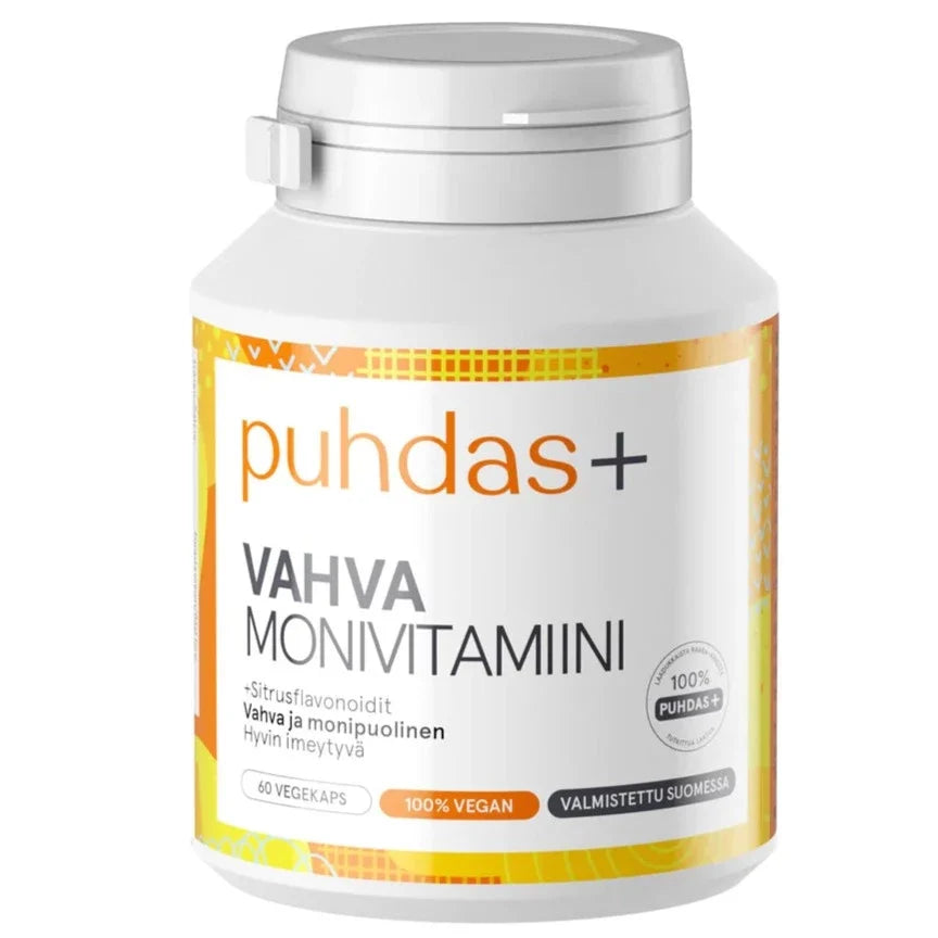 A white plastic bottle of Puhdas+ Vahta Monivitamiini dietary supplement with a white cap, featuring a white label with orange and yellow accents.