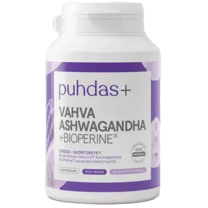 A white plastic bottle of puhdas+ Ashwagandha + Bioperine dietary supplement with a white and purple label, shown against a plain white background.