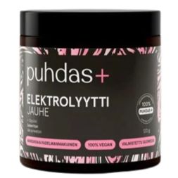 A jar of puhdas+ Elektrolyyyti (electrolyte) powder in the flavor Lauhe (butter), featuring a black lid and a black label with pink and white text and patterns.