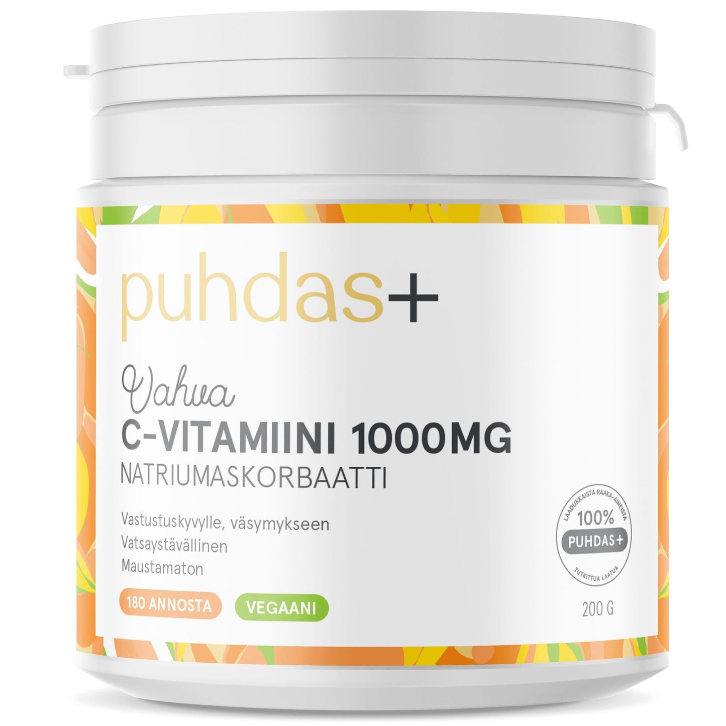 A white container of Puhdas+ Vitamin C Powder 1000 mg features colorful orange slice graphics, a green vegan label, and Finnish text on the front with dosage, ingredients, and product details. Brand: Puhdas+.