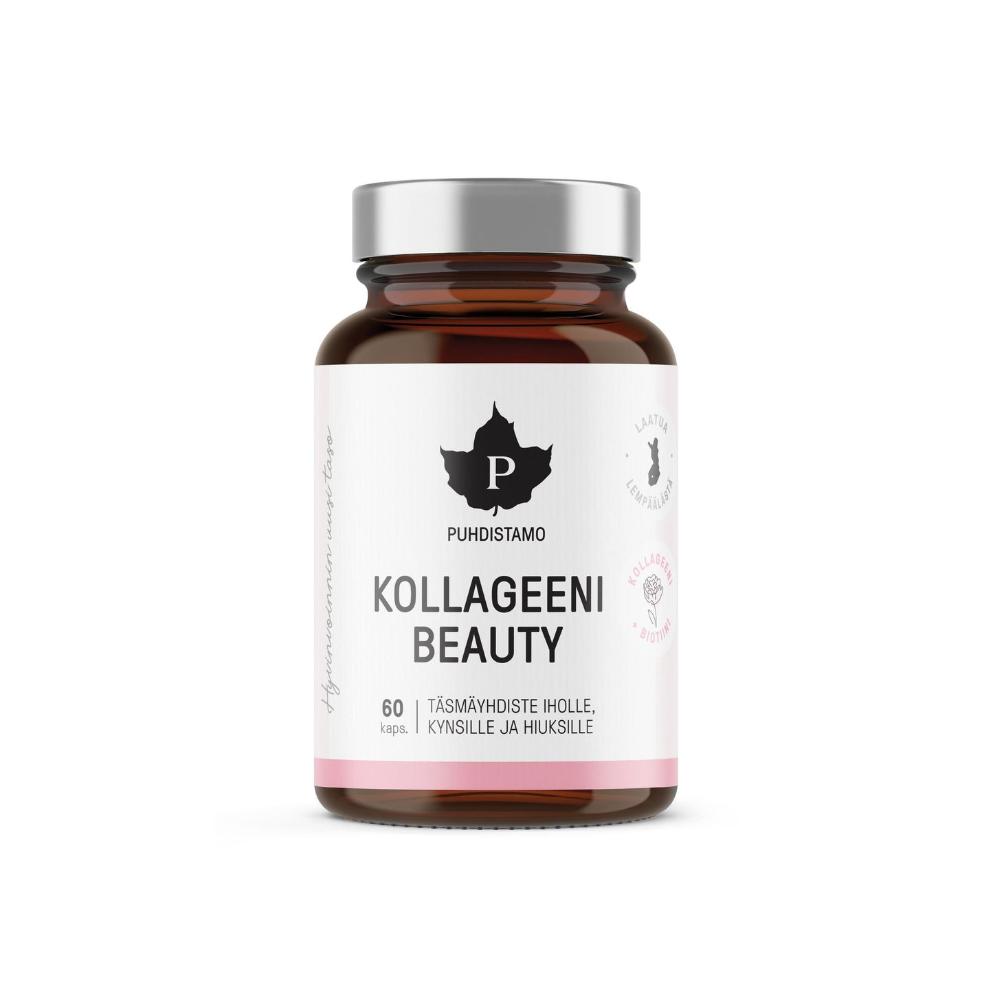 A brown glass bottle with a silver cap labeled Puhdistamo Beauty Collagen by Puhdistamo, containing 60 capsules with Verisol collagen peptides for skin, nail, and hair health. The white label features black and pink text with a leaf logo.