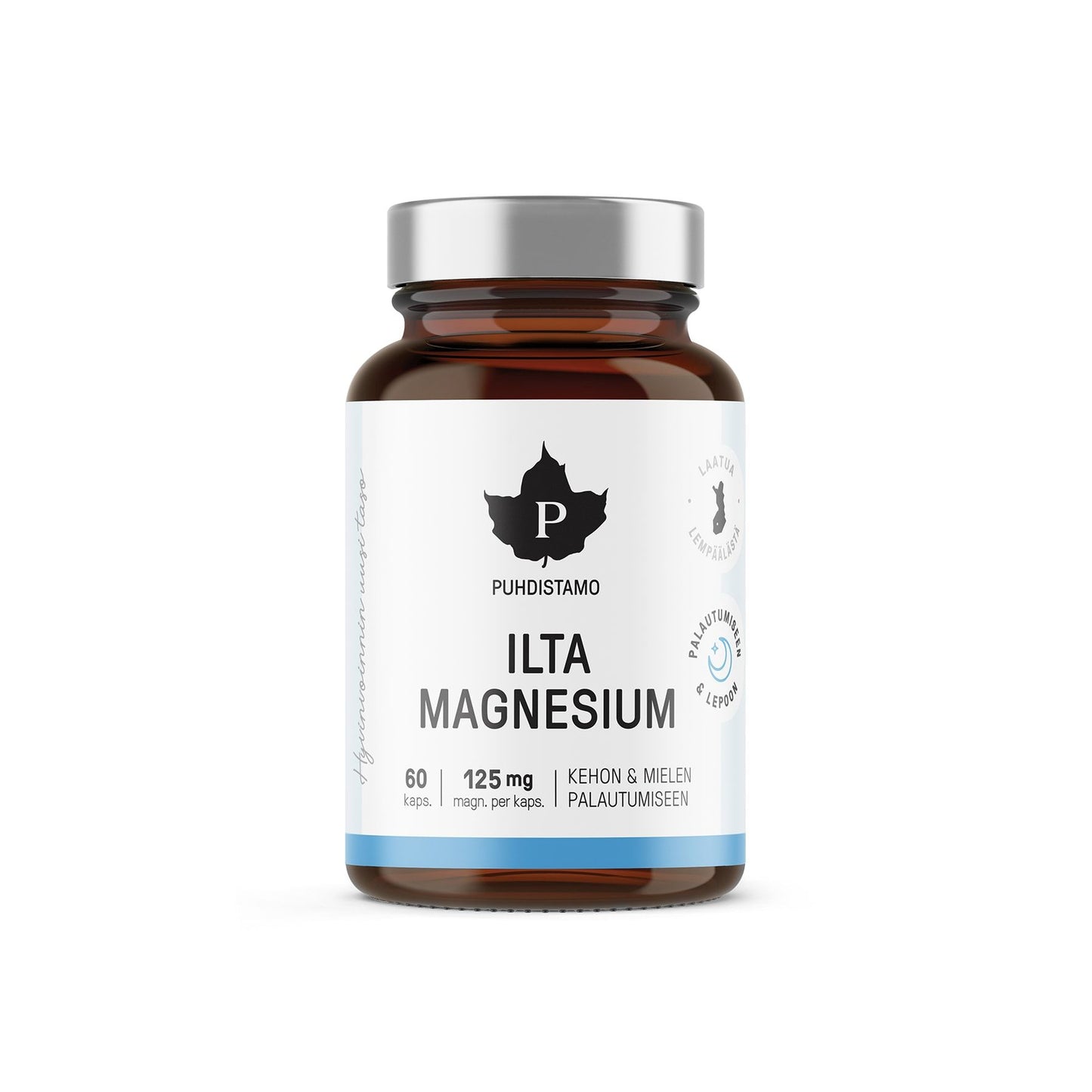 A brown glass bottle of Puhdistamo Night Magnesium by Puhdistamo with a silver cap. The white label has black and blue text and a leaf logo. Each bottle contains 60 capsules, each providing 125 mg of magnesium.