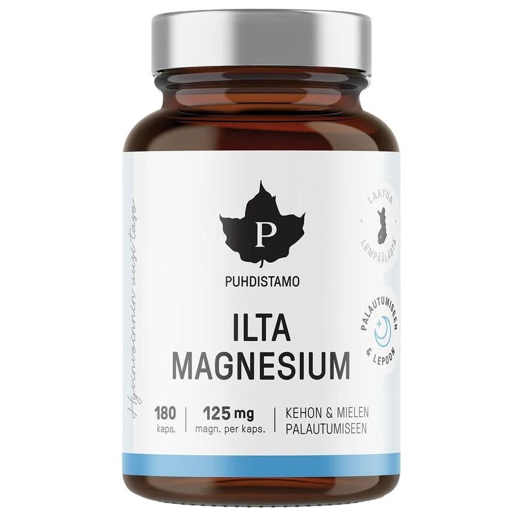 A brown glass bottle with a silver lid labeled Puhdistamo Night Magnesium by Puhdistamo, a night magnesium sleep supplement (180 capsules, 125 mg each). The white label has blue accents, Finnish text, and certification icons.