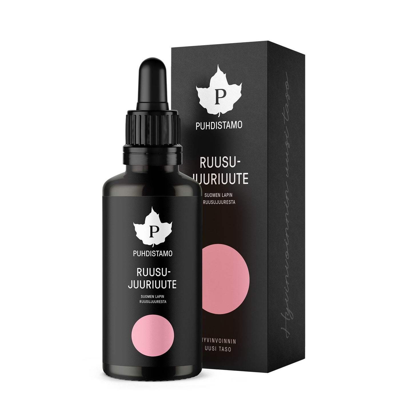 A black dropper bottle and box labeled Puhdistamo Premium Research Roseroot Extract, with white text, pink accents, and a leaf logo, showcase this premium Finnish supplement from Puhdistamo against a light background.